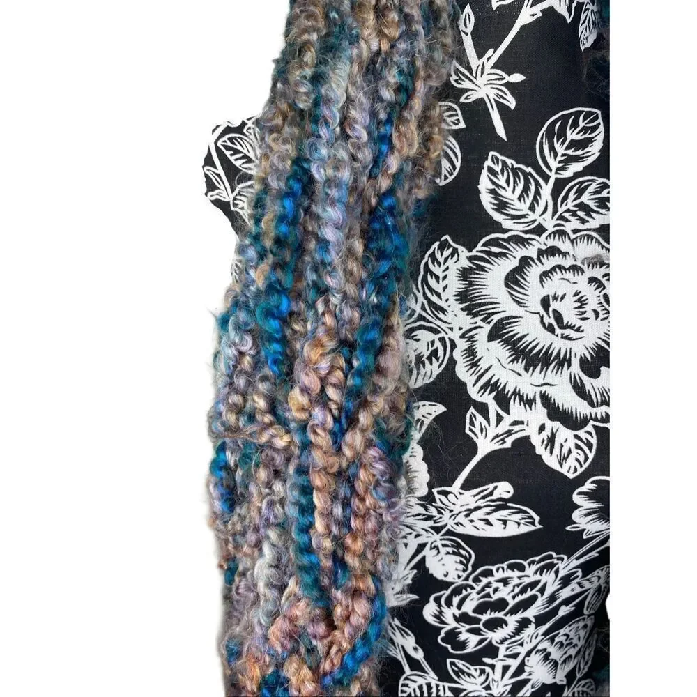 Chunky Multicolor Hand Knit Yarn Scarf Blue Tan Brown Loop Textured Winter